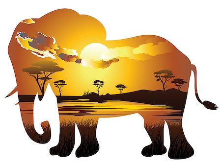 simsearch:400-04815686,k - Colorful sunset scene, african landscape with silhouette of trees and elephant. Foto de stock - Super Valor sin royalties y Suscripción, Código: 400-09080317