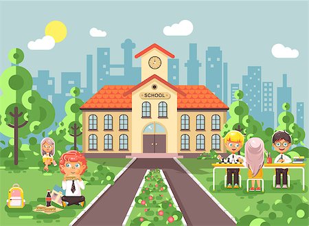 simsearch:400-07049919,k - Stock vector illustration children characters schoolboy schoolgirl pupils apprentices classmates at schoolyard play chess, sit on grass dinner lunch, read book backdrop of school building flat style Fotografie stock - Microstock e Abbonamento, Codice: 400-09080416