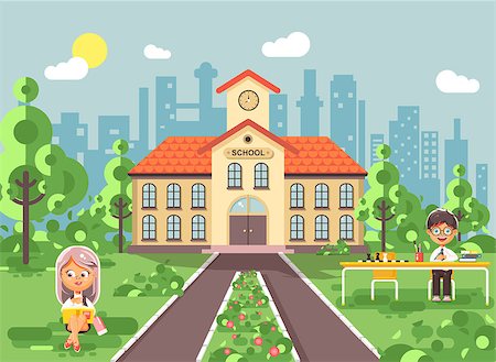 simsearch:400-07049919,k - Stock vector illustration back to school character schoolgirl schoolboy pupil sitting on grass, exterior schoolyard, girl reads book, boy doing homework at table, gymnasium background in flat style Fotografie stock - Microstock e Abbonamento, Codice: 400-09080417