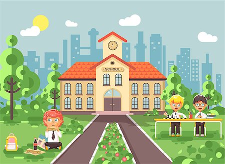 simsearch:400-07049919,k - Stock vector illustration children characters schoolboys pupils apprentices classmates play chess dinner lunch, read book doing homework school building gymnasium for boys background in flat style Fotografie stock - Microstock e Abbonamento, Codice: 400-09080418