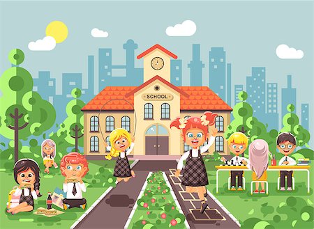 simsearch:400-07049919,k - Stock vector illustration children characters schoolboy schoolgirl pupils apprentices classmates at schoolyard play chess dinner lunch, read book jumping rope on backdrop of school building flat style Fotografie stock - Microstock e Abbonamento, Codice: 400-09080411