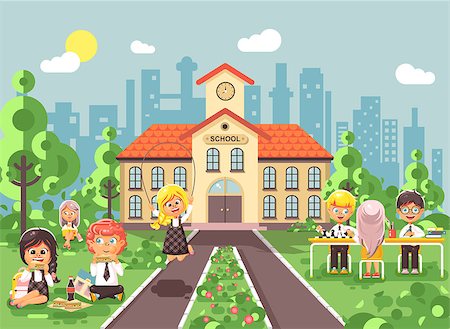 simsearch:400-07049919,k - Stock vector illustration children characters schoolboy schoolgirl pupils apprentices classmates at schoolyard play chess dinner lunch, read book jumping rope on backdrop of school building flat style Fotografie stock - Microstock e Abbonamento, Codice: 400-09080413