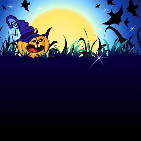 simsearch:400-05188012,k - Halloween Party Illustration with Pumpkin in the Grass, Bats, Ghost, Moon and place for your text Fotografie stock - Microstock e Abbonamento, Codice: 400-09080514