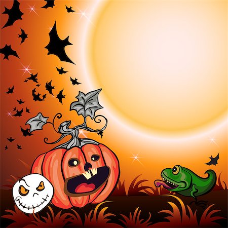 simsearch:400-07774937,k - Halloween Party Illustration with Pumpkin in the Grass, Bats, Ghost and Moon Foto de stock - Super Valor sin royalties y Suscripción, Código: 400-09080516