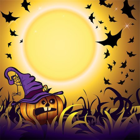 simsearch:400-05188012,k - Halloween Party Illustration with Pumpkin in the Grass, Bats and Moon Fotografie stock - Microstock e Abbonamento, Codice: 400-09080517