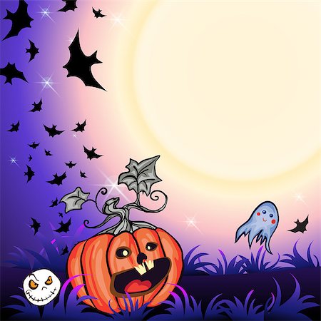 simsearch:400-05188012,k - Halloween Party Illustration with Pumpkin in the Grass, Bats and Moon Fotografie stock - Microstock e Abbonamento, Codice: 400-09080510