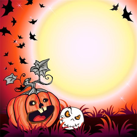simsearch:400-07774937,k - Halloween Party Illustration with Pumpkin in the Grass, Bats, Ghost and Moon Foto de stock - Super Valor sin royalties y Suscripción, Código: 400-09080511