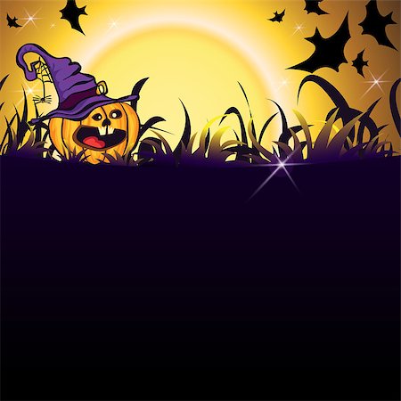 simsearch:400-05188012,k - Halloween Party Illustration with Pumpkin in the Grass, Bats, Ghost, Moon and place for your text Fotografie stock - Microstock e Abbonamento, Codice: 400-09080513