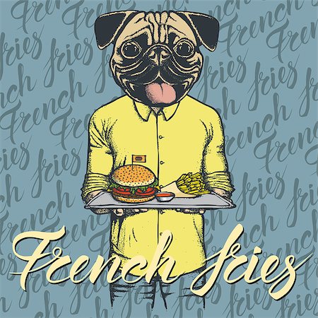 simsearch:400-09080674,k - Fast food vector concept. Illustration of pug dog with burger and French fries Foto de stock - Super Valor sin royalties y Suscripción, Código: 400-09080676