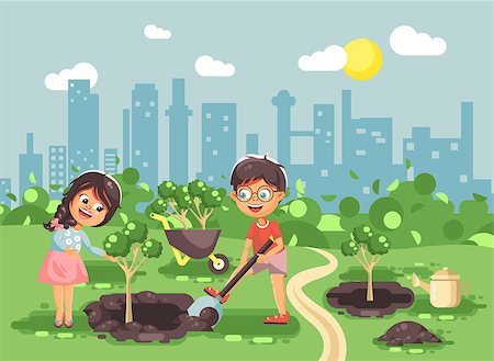 Stock vector illustration cartoon characters of children boy and girl dig hole in ground for planting in garden seedlings of tree watering water from geek, taking care of ecology city in flat style Photographie de stock - Aubaine LD & Abonnement, Code: 400-09080732