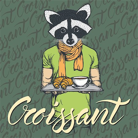 simsearch:400-09080674,k - Breakfast vector concept. Illustration of raccoon with croissant and coffee Foto de stock - Super Valor sin royalties y Suscripción, Código: 400-09080804