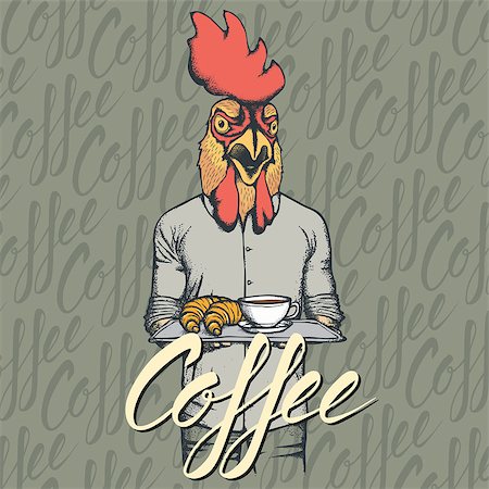 simsearch:400-09080674,k - Breakfast vector concept. Illustration of rooster with croissant and coffee Foto de stock - Super Valor sin royalties y Suscripción, Código: 400-09080802