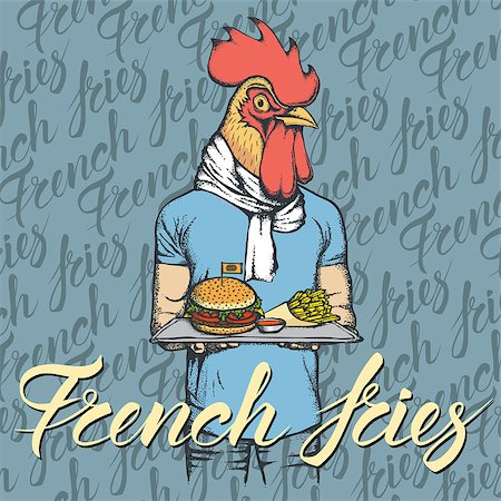 simsearch:400-09080795,k - Fast food vector concept. Illustration of rooster with burger and French fries Stock Photo - Budget Royalty-Free & Subscription, Code: 400-09080803