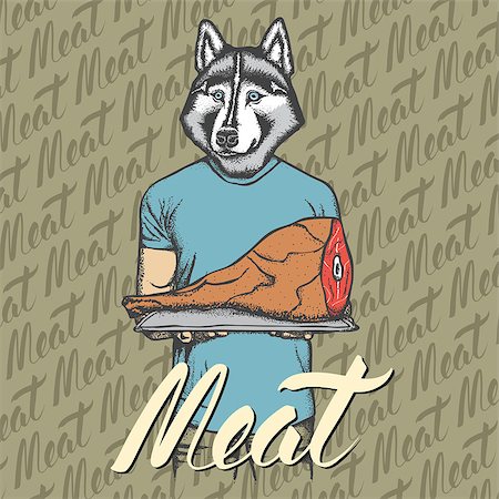 fashion dog cartoon - Vector dog husky with meat ham illustration. Vector food concept Stock Photo - Budget Royalty-Free & Subscription, Code: 400-09080810