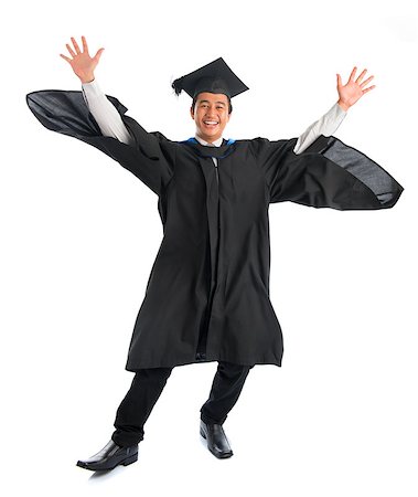 people graduation jump - Full body excited Asian male university student in graduation gown jumping high, isolated on white background. Good Looking Southeast model. Stock Photo - Budget Royalty-Free & Subscription, Code: 400-09080830