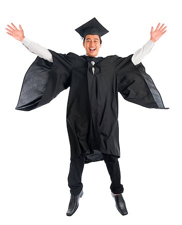 people graduation jump - Full body excited Asian young male university student in graduation gown jumping high, isolated on white background. Good looking Southeast model. Stock Photo - Budget Royalty-Free & Subscription, Code: 400-09080831