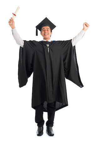 people graduation jump - Full body excited Asian male university student in graduation gown arms raised, isolated on white background. Good looking Southeast model. Stock Photo - Budget Royalty-Free & Subscription, Code: 400-09080832