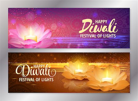 simsearch:851-02960478,k - Set of two happy diwali horizontal banners with glowing candle on pink and golden lotus flowers. Vector. Festival of lights greeting flyers. Photographie de stock - Aubaine LD & Abonnement, Code: 400-09080965