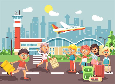 Stock vector illustration cartoon character late boy run to little children girl standing at airport, departing plane, bag suitcases awaiting for travel trip holiday weekend flat style city background Stock Photo - Budget Royalty-Free & Subscription, Code: 400-09081074