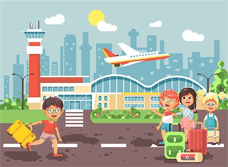 Stock vector illustration cartoon character late boy run to little children girl standing at airport, departing plane, bag suitcases awaiting for travel trip holiday weekend flat style city background Stock Photo - Budget Royalty-Free & Subscription, Code: 400-09081075