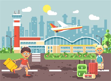 Stock vector illustration cartoon character late boy run to little blonde girl standing at airport, departing plane, bag suitcases awaiting for travel trip holiday weekend flat style city background Stock Photo - Budget Royalty-Free & Subscription, Code: 400-09081077