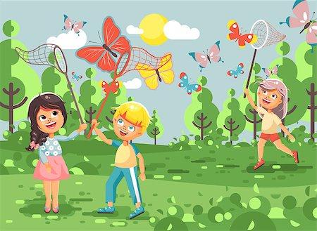 Stock vector illustration cartoon character children, young naturalists, biologist boys and girls catch colorful butterflies with nets, scoop-nets, hoop-nets on nature outdoor background in flat style Stock Photo - Budget Royalty-Free & Subscription, Code: 400-09081085