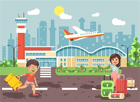 Stock vector illustration cartoon character late boy run to little brunette girl standing at airport, departing plane, bag suitcases awaiting for travel trip holiday weekend flat style city background Stock Photo - Budget Royalty-Free & Subscription, Code: 400-09081080