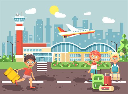 Stock vector illustration cartoon character late boy run to little children girl standing at airport, departing plane, bag suitcases awaiting for travel trip holiday weekend flat style city background Stock Photo - Budget Royalty-Free & Subscription, Code: 400-09081081