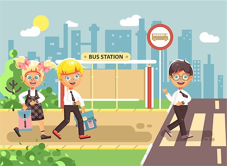 Stock vector illustration cartoon characters children, observance traffic rules, boys and girl schoolchildren classmates go to road pedestrian crossing, bus stop background, back to school flat style Stock Photo - Budget Royalty-Free & Subscription, Code: 400-09081094