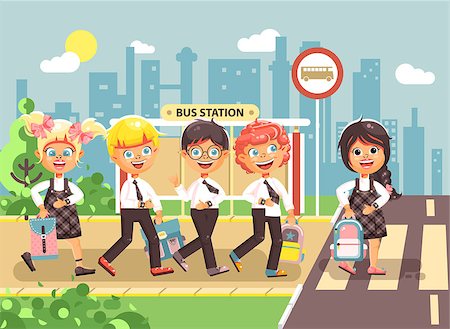 Stock vector illustration cartoon characters children, observance traffic rules, boys and girl schoolchildren classmates go to road pedestrian crossing, bus stop background, back to school flat style Stock Photo - Budget Royalty-Free & Subscription, Code: 400-09081093