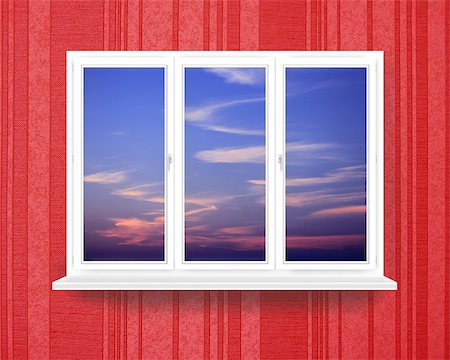 photo frame in heaven - window in the room with view to dark sunset. Modern window frame in the room with luxury wallpaper Stock Photo - Budget Royalty-Free & Subscription, Code: 400-09081269