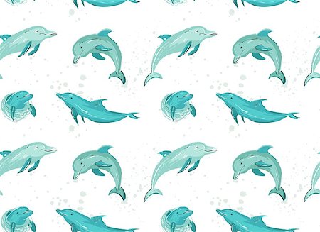 simsearch:400-06095589,k - Hand drawn vector cartoon summer time seamless pattern with jumping dolphins in blue colors isolated on white background Stock Photo - Budget Royalty-Free & Subscription, Code: 400-09081542