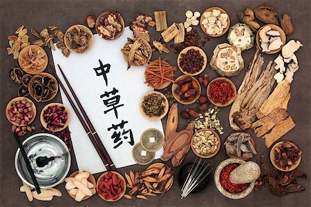 simsearch:400-06521200,k - Chinese alternative medicine with herb selection and acupuncture needles, moxa sticks used in moxibustion therapy and calligraphy script on rice paper with feng shui coins. Translation reads as chinese alternative medicine. Stockbilder - Microstock & Abonnement, Bildnummer: 400-09081600