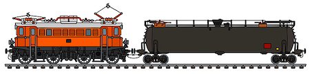 simsearch:400-04122677,k - Hand drawing of an old orange electric locomotive and large tank wagon Foto de stock - Royalty-Free Super Valor e Assinatura, Número: 400-09081710