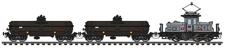 simsearch:400-04122677,k - Hand drawing of an old gray electric shunting locomotive and two black tank wagons Foto de stock - Royalty-Free Super Valor e Assinatura, Número: 400-09081711