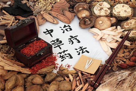 simsearch:400-06521200,k - Chinese herbal medicine with acupuncture needles and a selection of herbs with safflower in a wooden ox and calligraphy script on rice paper. Translation reads as chinese herbal therapy. Fotografie stock - Microstock e Abbonamento, Codice: 400-09081790