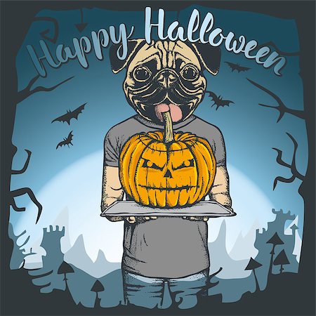 Vector illustration of dog celebrating Halloween. Dog with Halloween pumpkin Fotografie stock - Microstock e Abbonamento, Codice: 400-09082048