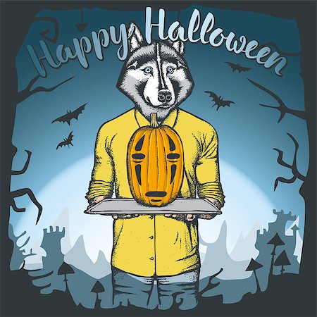 Vector illustration of dog celebrating Halloween. Dog with Halloween pumpkin Fotografie stock - Microstock e Abbonamento, Codice: 400-09082056