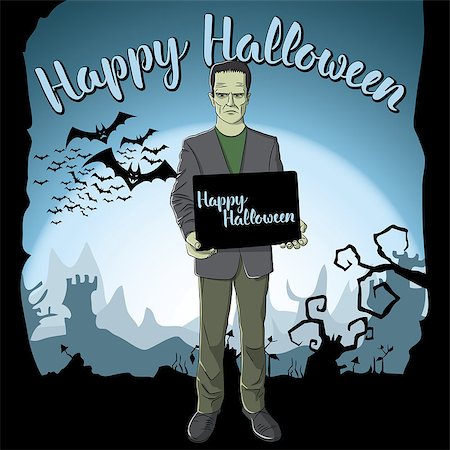 Vector Halloween concept. Monster Frankenstein with blackboard and lettering Happy Halloween Stock Photo - Budget Royalty-Free & Subscription, Code: 400-09082061