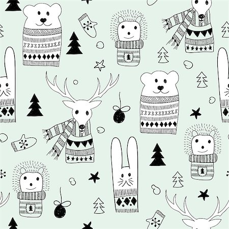 Vector Seamlee Christmas Pattern with Doodle Animals: bunny, deer, hedgehog, and polar bear Stock Photo - Budget Royalty-Free & Subscription, Code: 400-09082171