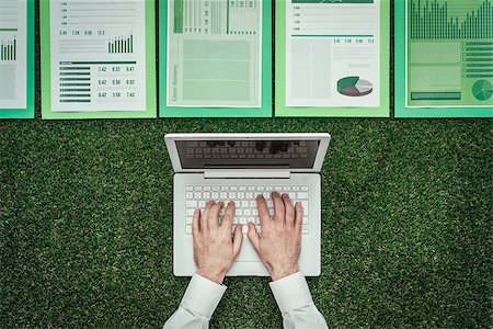 simsearch:400-09082260,k - Businessman using a laptop and financial reports on lush grass: green business, sustainability and communication concept Foto de stock - Super Valor sin royalties y Suscripción, Código: 400-09082262