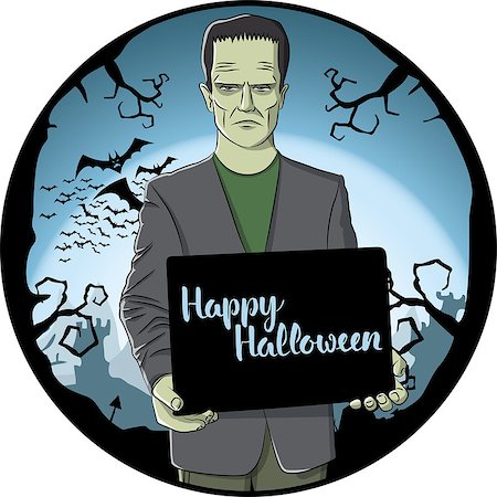 Vector Halloween concept. Monster Frankenstein with blackboard and lettering Happy Halloween Stock Photo - Budget Royalty-Free & Subscription, Code: 400-09082479