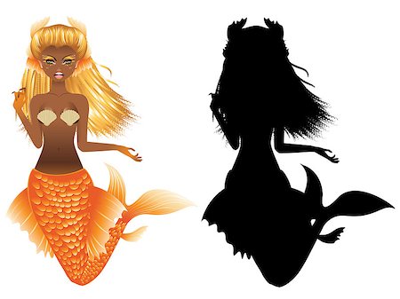 Fantasy mermaid with dark skin, orange tail and long blonde hair. Fotografie stock - Microstock e Abbonamento, Codice: 400-09082521