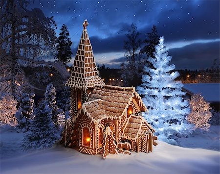 Gingerbread church with lit Christmas tree on Xmas night Stock Photo - Budget Royalty-Free & Subscription, Code: 400-09082640