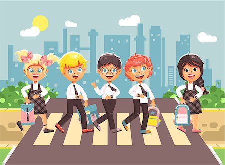 Stock vector illustration cartoon characters children, observance traffic rules, boys and girl schoolchildren classmates go to road pedestrian crossing, city background, back to school flat style Stock Photo - Budget Royalty-Free & Subscription, Code: 400-09082817