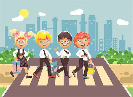 Stock vector illustration cartoon characters children, observance traffic rules, boys and girl schoolchildren classmates go to road pedestrian crossing, city background, back to school flat style Stock Photo - Budget Royalty-Free & Subscription, Code: 400-09082818