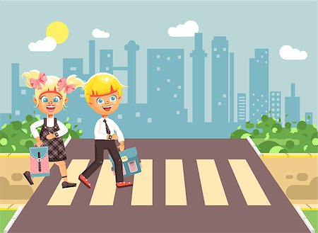 Stock vector illustration cartoon characters children, observance traffic rules, boys and girl schoolchildren classmates go to road pedestrian crossing, city background, back to school flat style Stock Photo - Budget Royalty-Free & Subscription, Code: 400-09082819