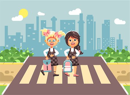 Stock vector illustration cartoon characters children, observance traffic rules, girls schoolgirls, classmates pupils go to road pedestrian zone crossing, on city background, back to school flat style Stock Photo - Budget Royalty-Free & Subscription, Code: 400-09082824