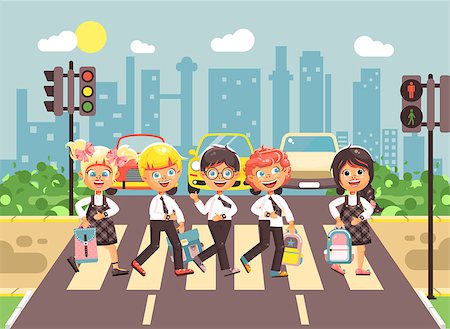 Stock vector illustration cartoon characters children, observance traffic rules, boys and girls schoolchildren classmates go to road pedestrian zone crossing, city background back to school flat style Stock Photo - Budget Royalty-Free & Subscription, Code: 400-09082825