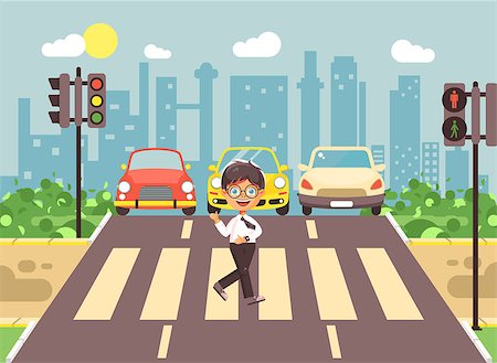 Stock vector illustration cartoon character child, observance traffic rules, lonely brunette boy schoolchild schoolboy go to road pedestrian zone crossing, city background back to school flat style Stock Photo - Budget Royalty-Free & Subscription, Code: 400-09082829